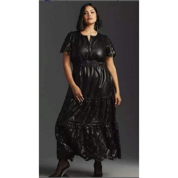 NWT Anthropologie The Somerset Maxi Dress: Faux Leather Embroidered BLACK XXS 00 - Picture 5 of 8